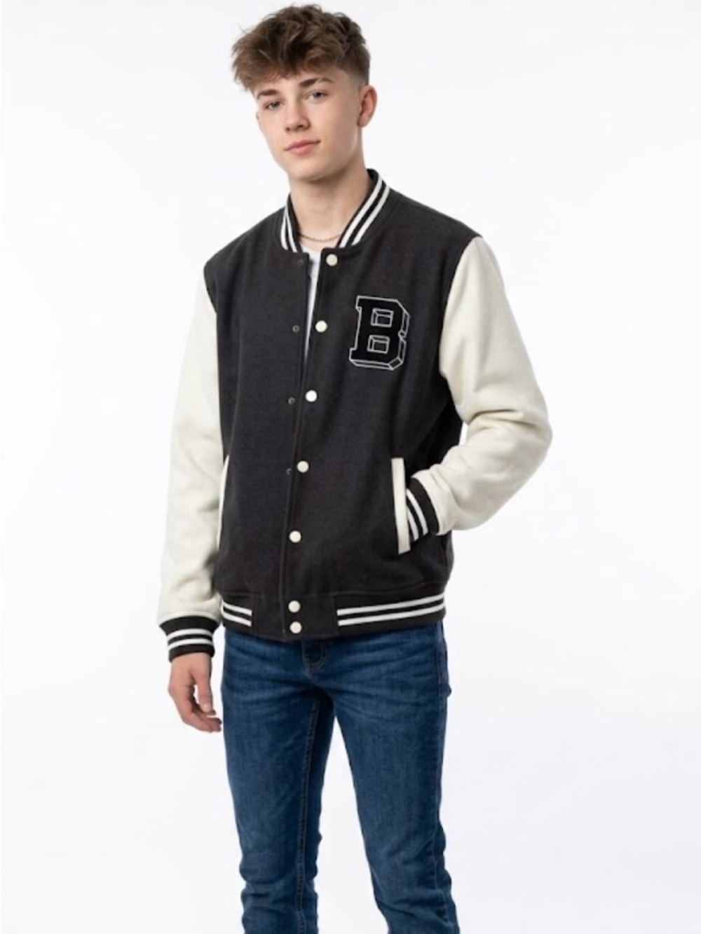 Black and Cream Letterman Jacket with 'B' Patch